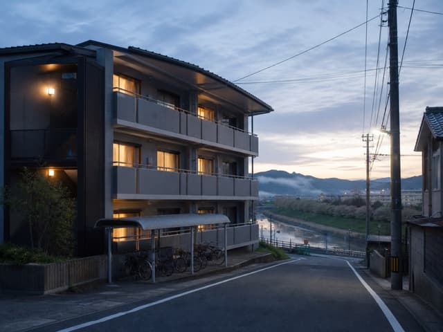 延岡、夜勤明けの光を受ける部屋の外観