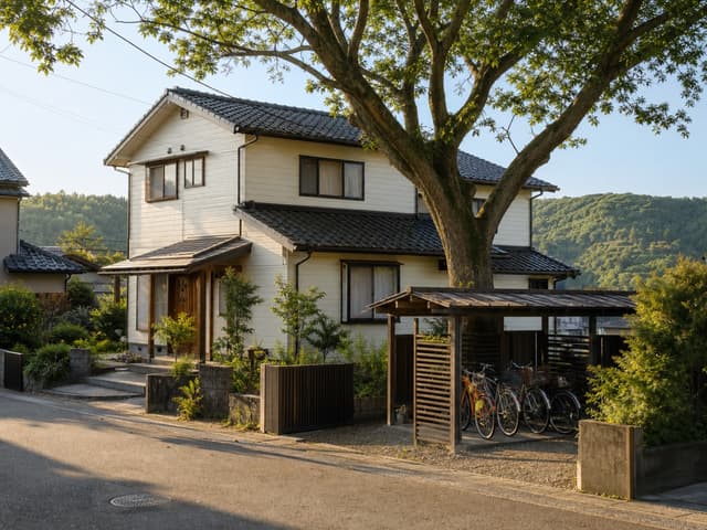 西都、自転車で丘へ向かう家の外観