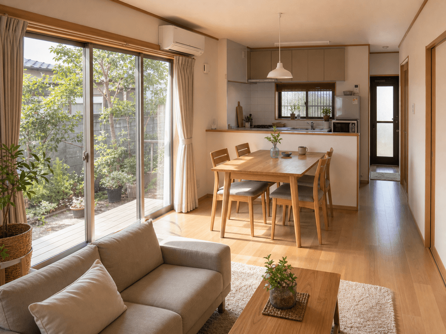 庭の余白を楽しむ平屋のLDK内観