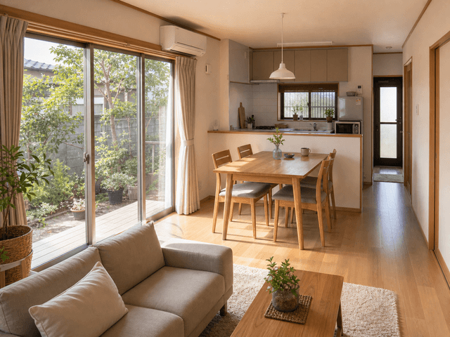 庭の余白を楽しむ平屋のLDK内観